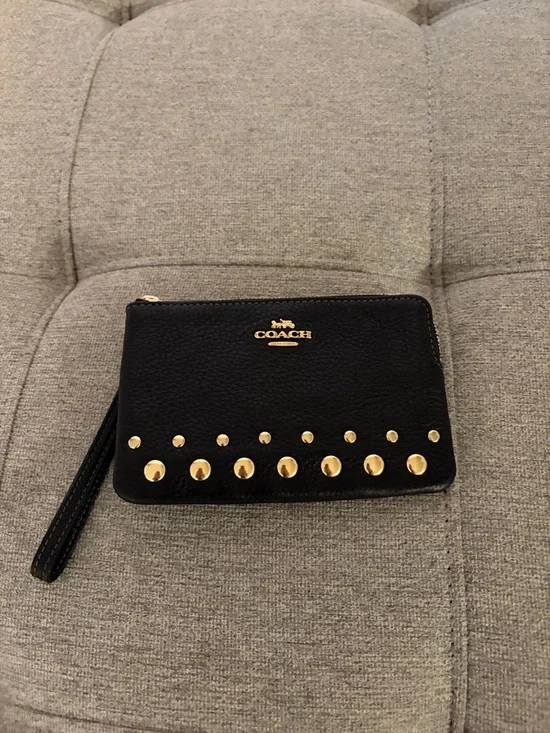 Coach Black Leather Wristlet with Gold Stud Detailing - Picture 1 of 2
